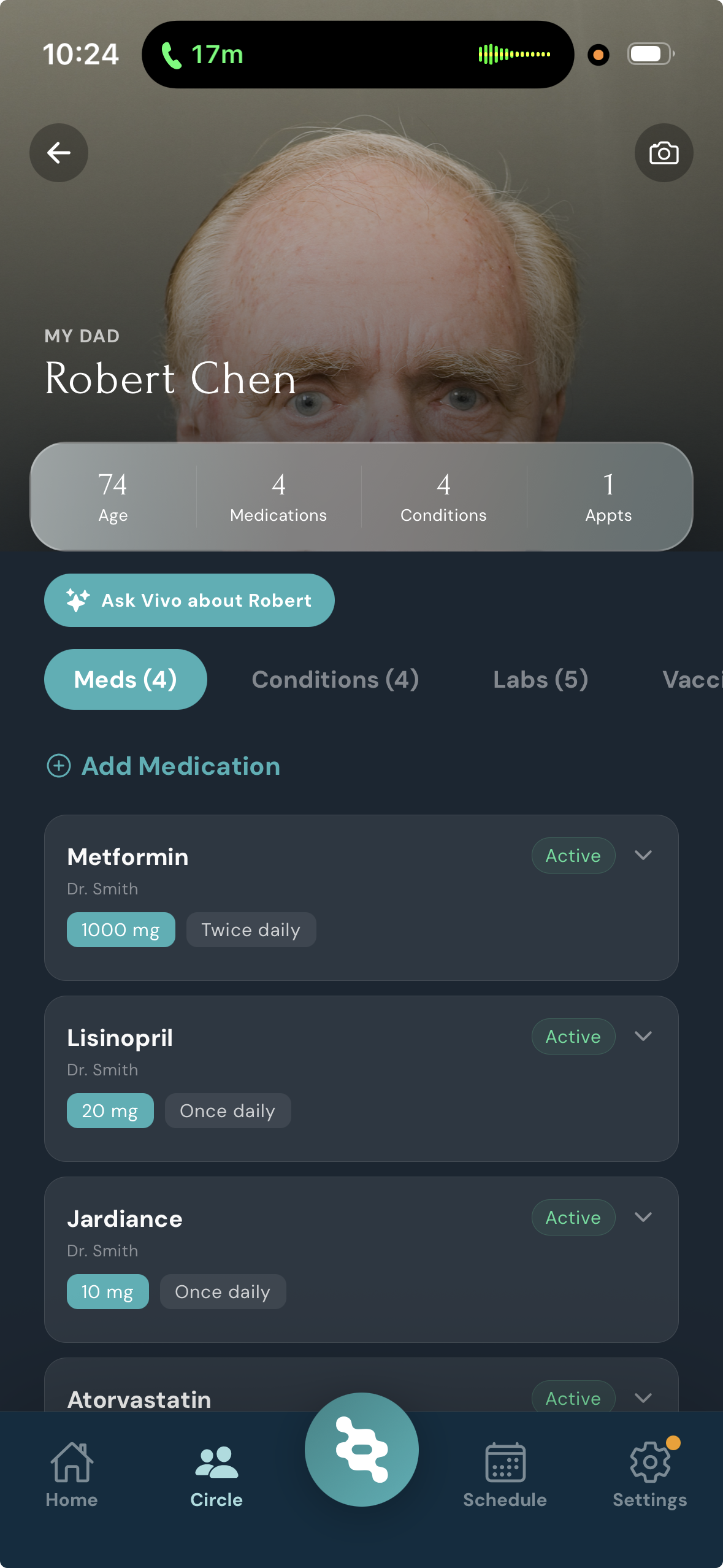 HealthVivo medications and profile screen