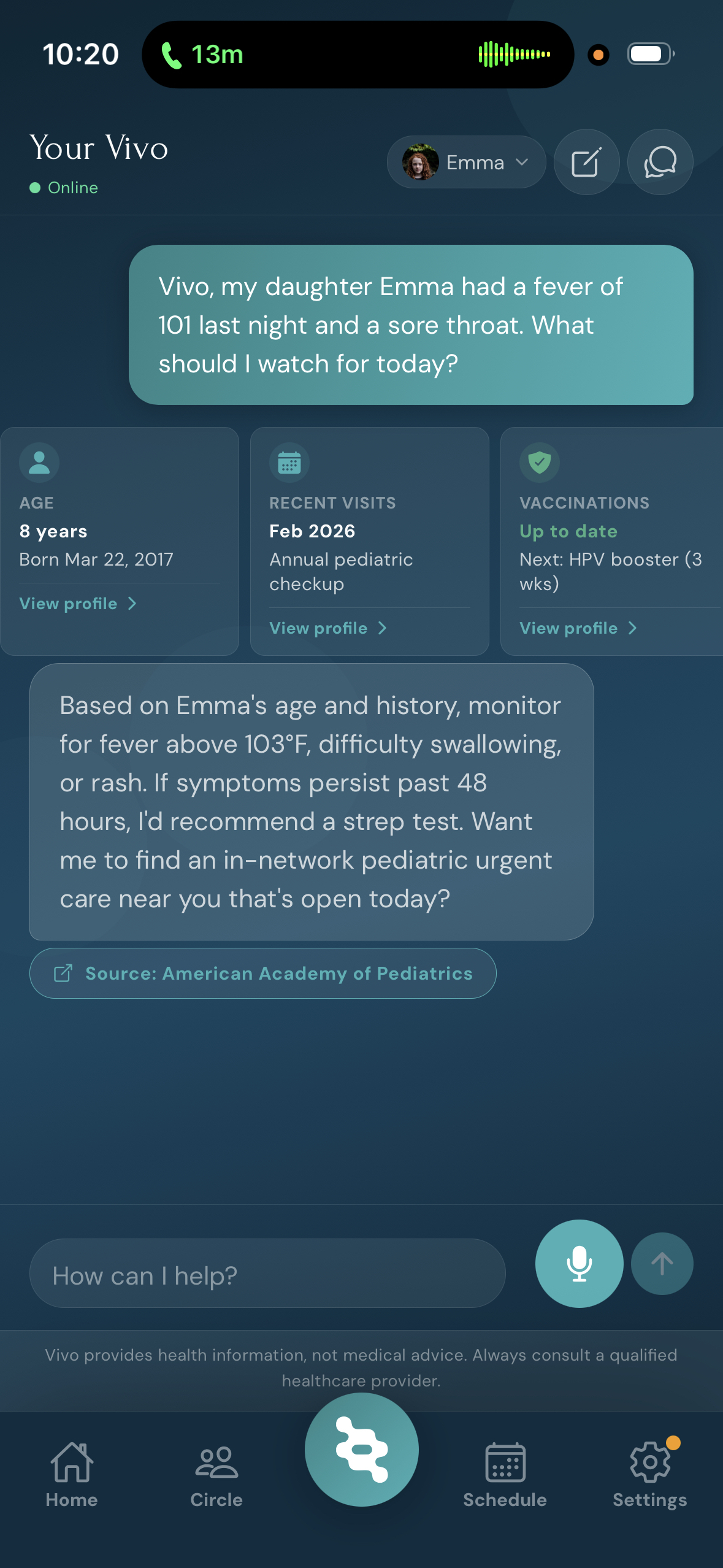 HealthVivo Vivo chat screen