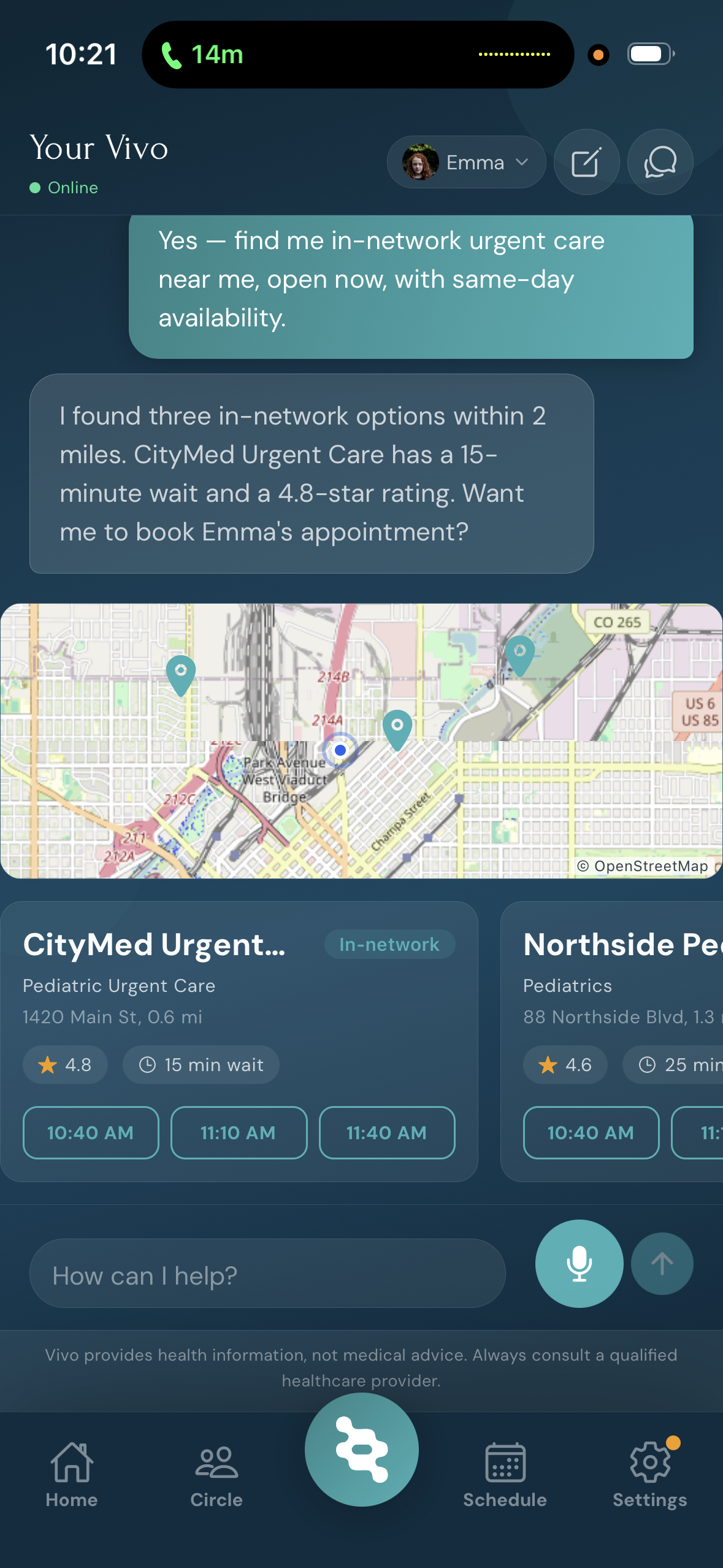 HealthVivo Vivo chat with urgent care map